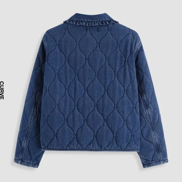 Denim Tie Front Bow Oversized Quilted Jacket Curve & Plus - Picture 2 of 5